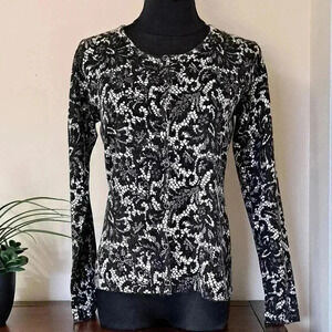 George Sweater Black and White Print Cardigan Medium Crewneck Button Front